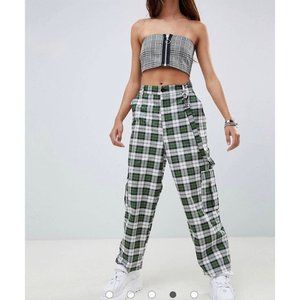 The Ragged Priest Escape Cargo Pants Wide Leg High Waist Plaid Trousers Green